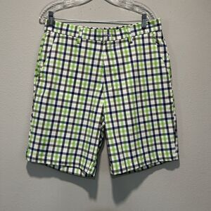 Chaps Golf 78 Mens Shorts 32 Checkered Preppy Blue Green Plaid Flat Front